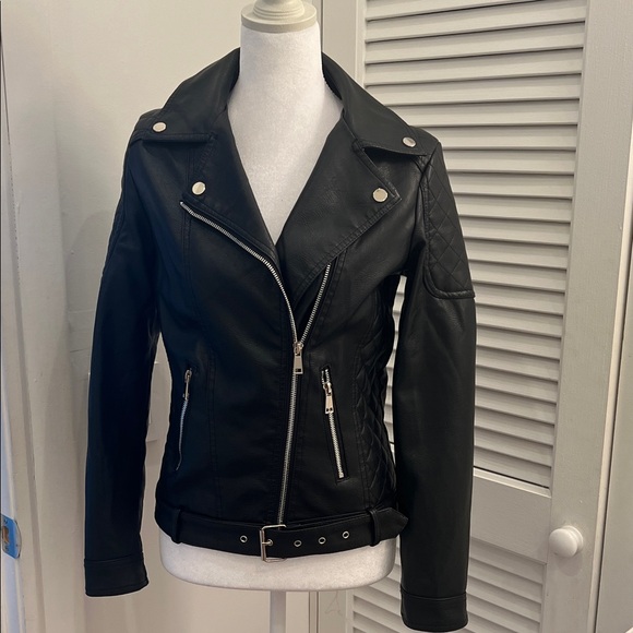 Jackets & Blazers - Black Moto Faux Leather Jacket with Belt